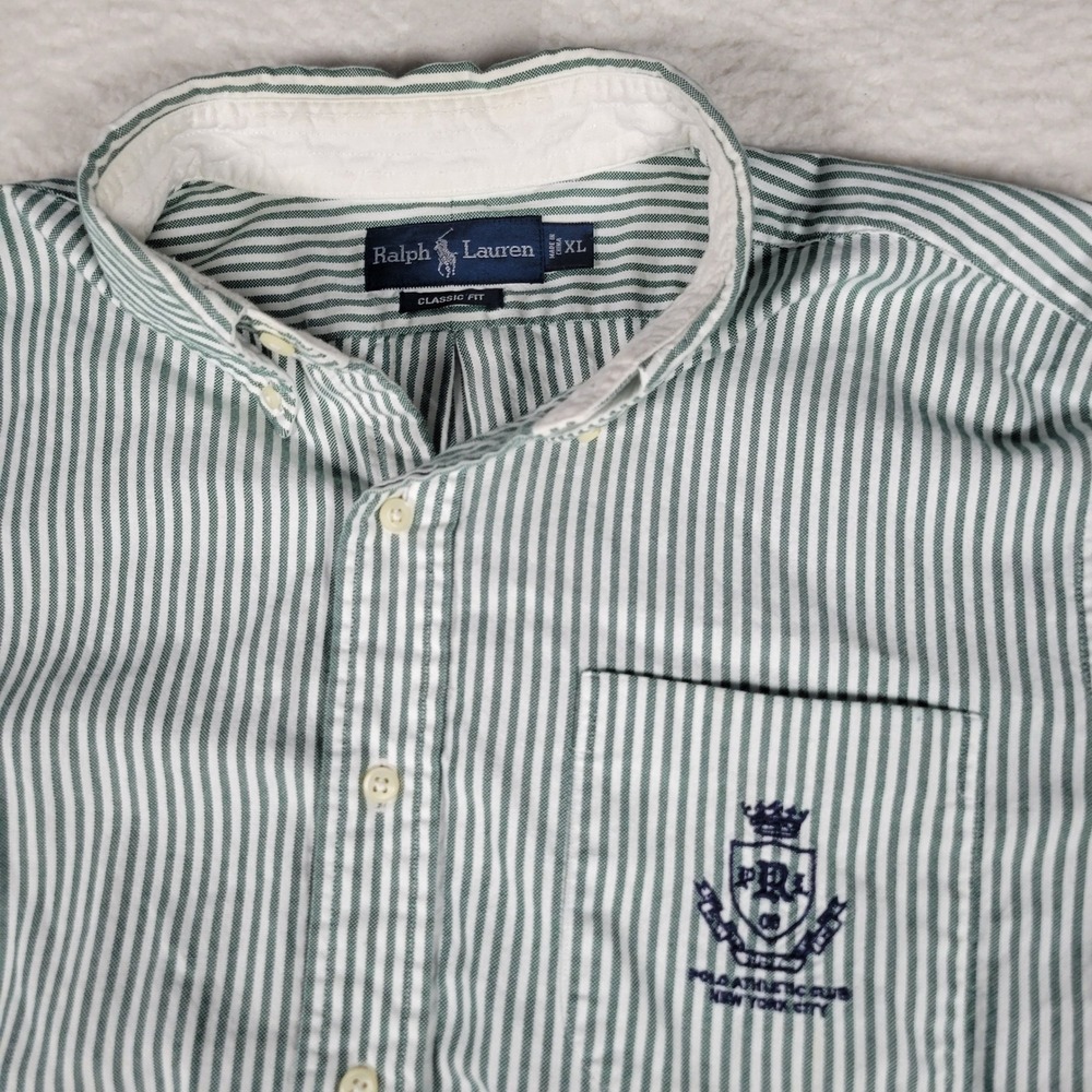 Ralph Lauren Button Down Shirt Mens XL Green Striped Polo Athletic Club Crest